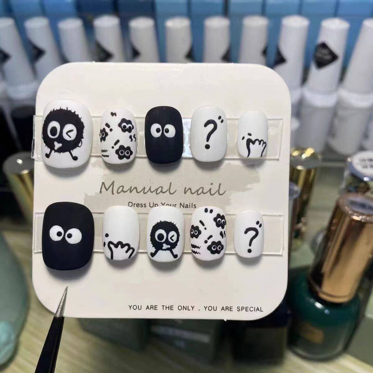 Cute Matte Fuzzy Black Cartoon Press-On Nails - Short Squoval False Nails