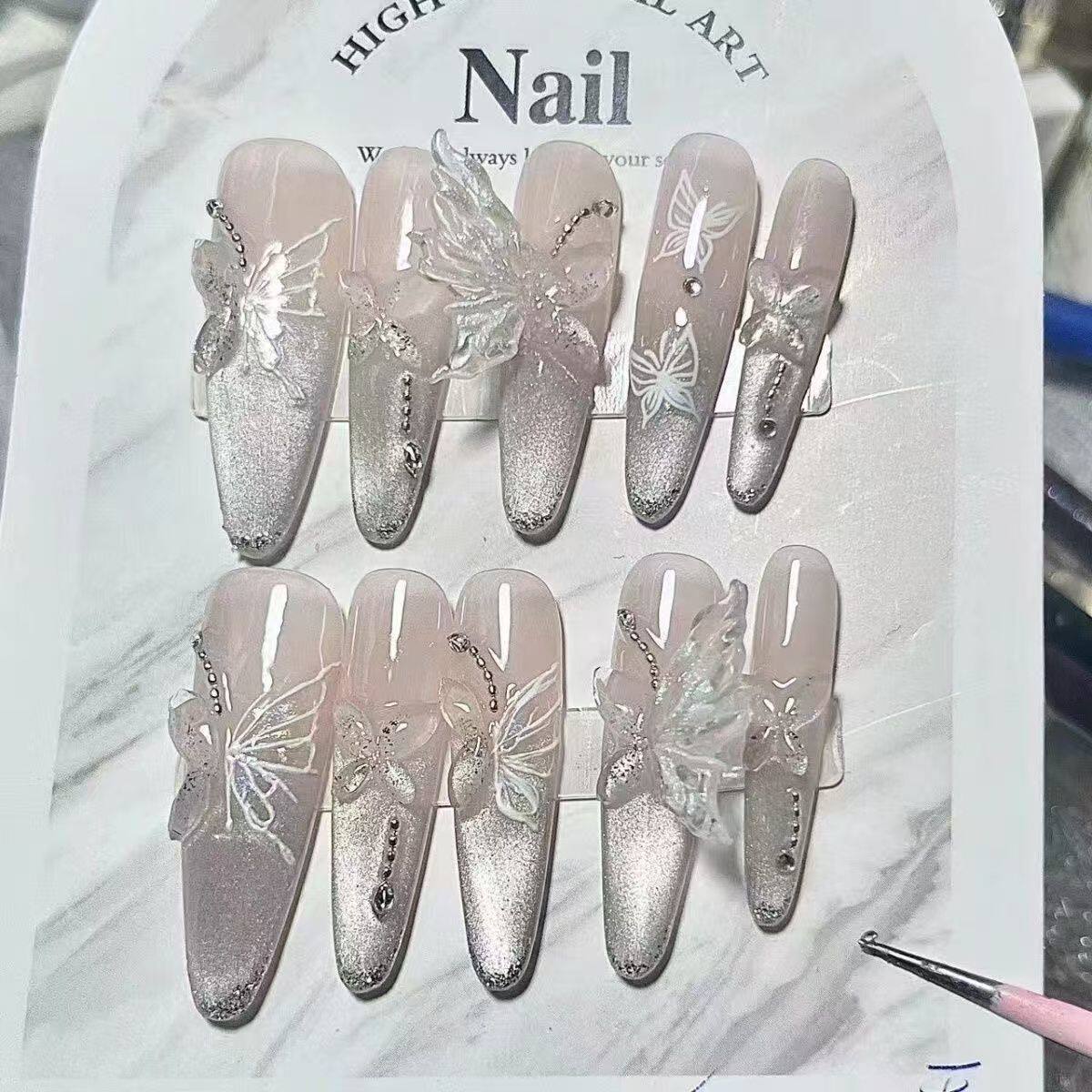 Ice Dew Butterfly Cat-Eye Press-On Nails - Handmade Extra-Long Glossy Fake Nails