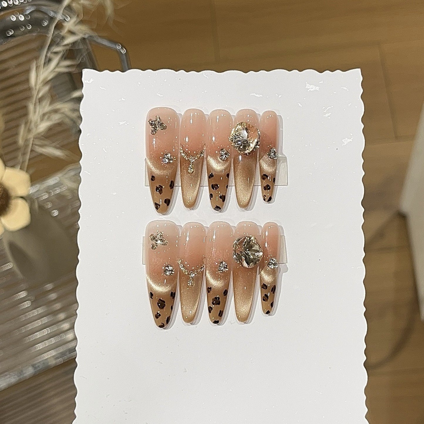 Caramel Safari Leopard Cat-Eye Crystal Press-On Nails — Champagne Glam