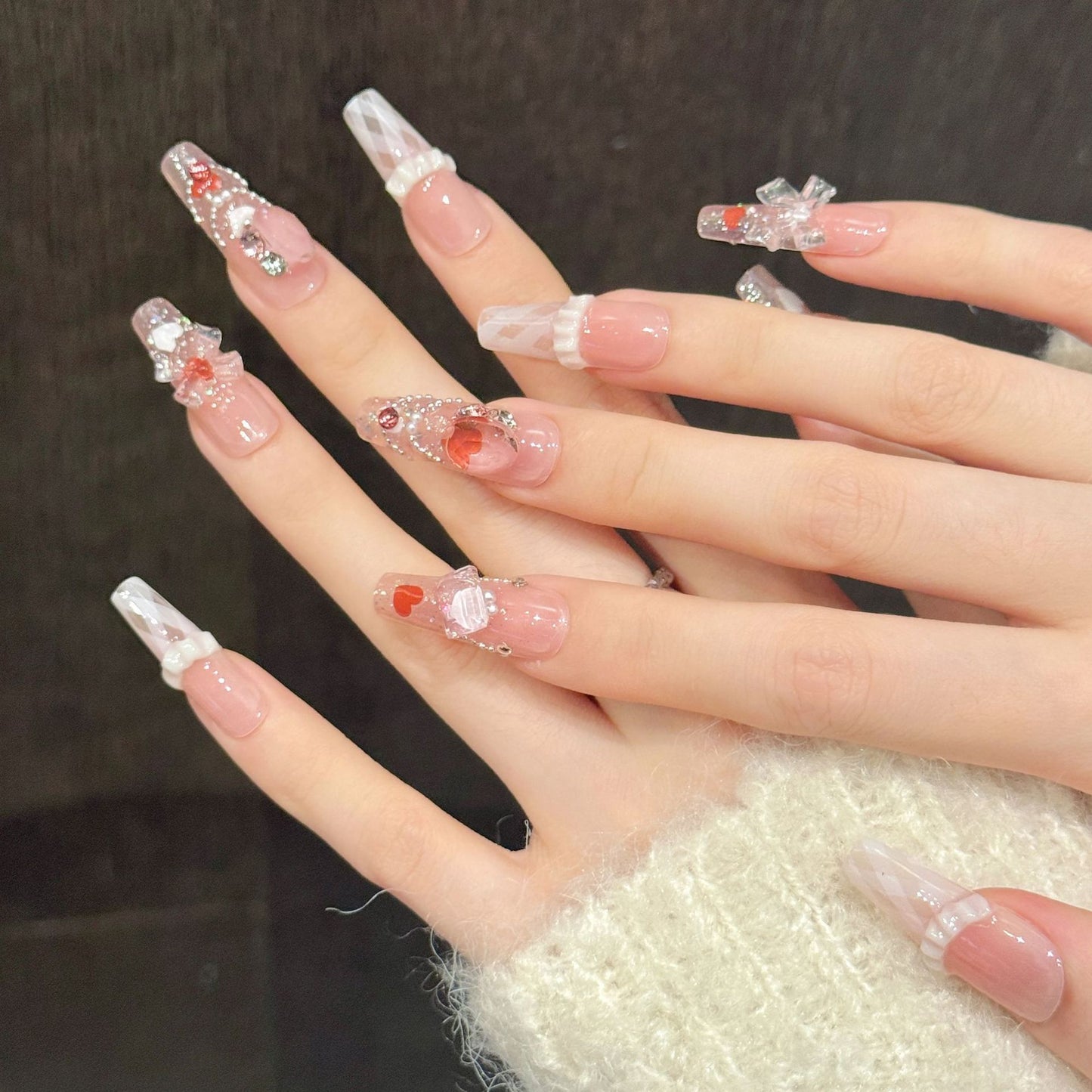 Margaret Creamy Ribbon Bow Press-On Nails | Handmade