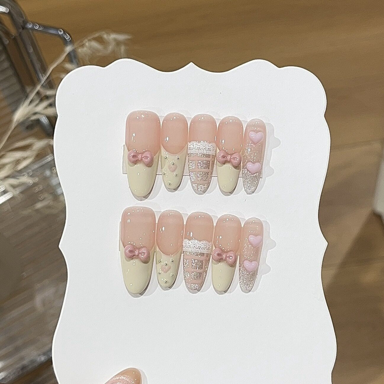Ribbon Reverie Pink French Press-On Nails — 3D Bows & Lace