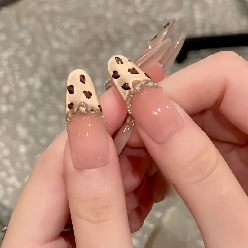 Leopard Rhinestone French Gold Cat-Eye Press-On Nails - Luxe Reusable Handmade False Nails (3 Lengths)