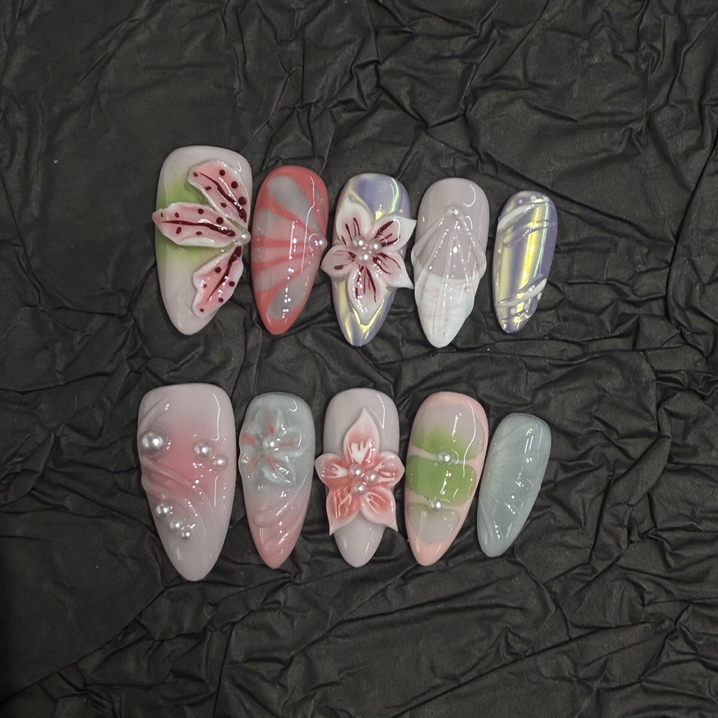 Carved 3D Floral Press-On Nails — Sweet-Edgy Pastel Aurora Reusable Set