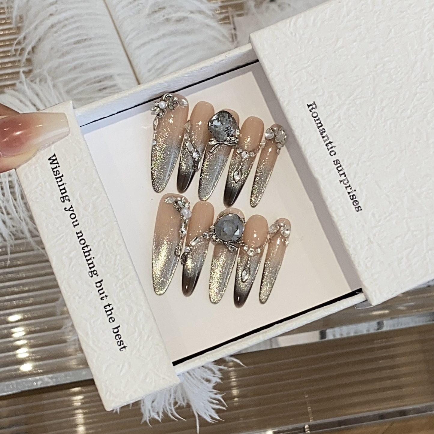 Peach Chocolate Crystal Cat-Eye Press-On Nails