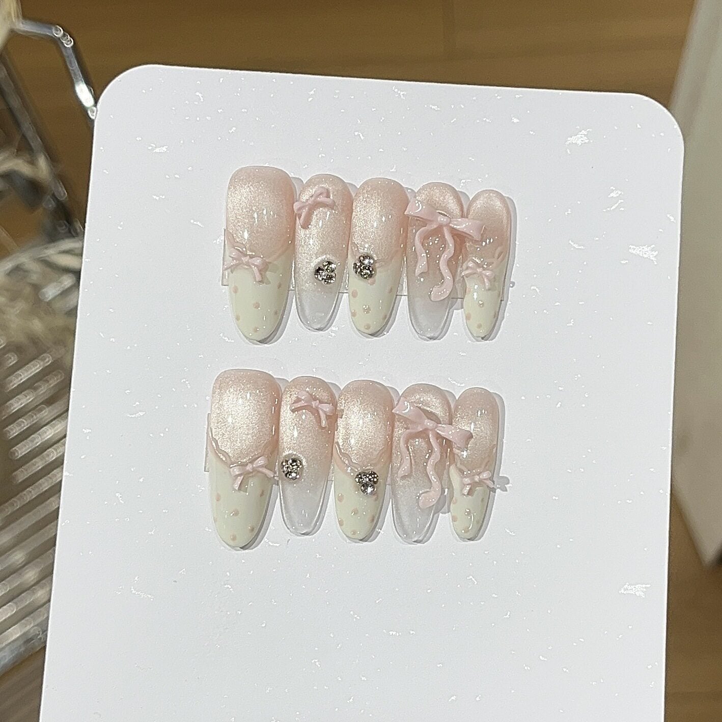 Handmade Ballet Bow White French Cat-Eye Press-On Nails