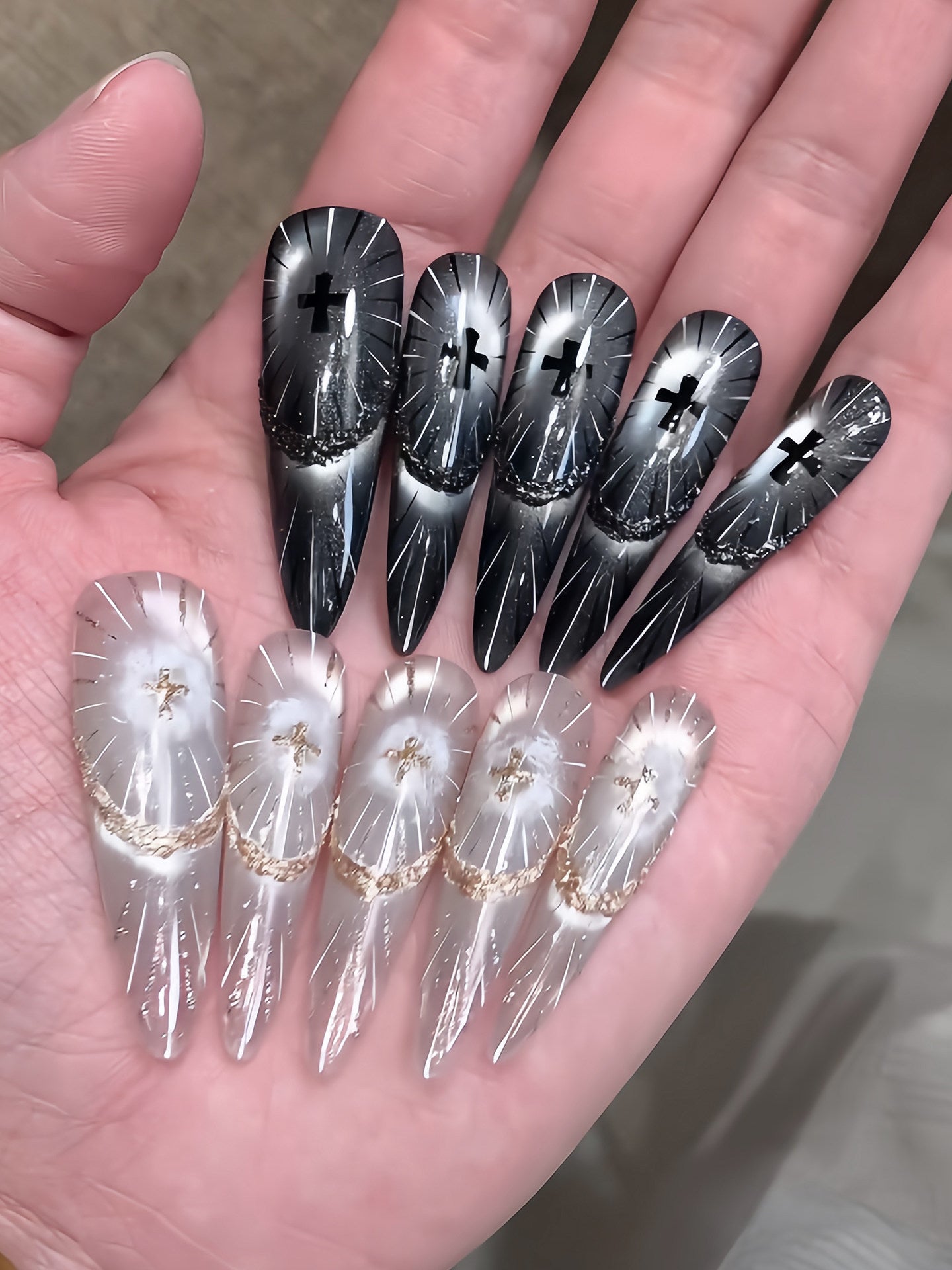 Gothic Cross French Cat-Eye Press-On Nails - Handmade Long Statement False Nails (3 Shapes)