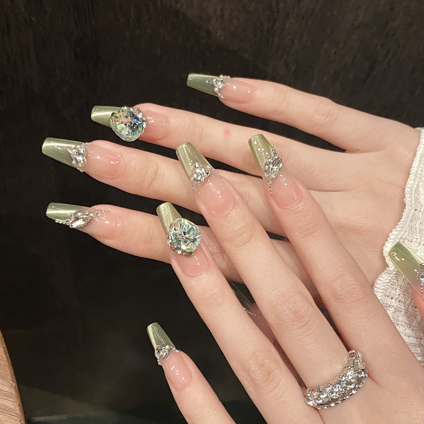Olive Green & Mint Cat-Eye Press-On Nails