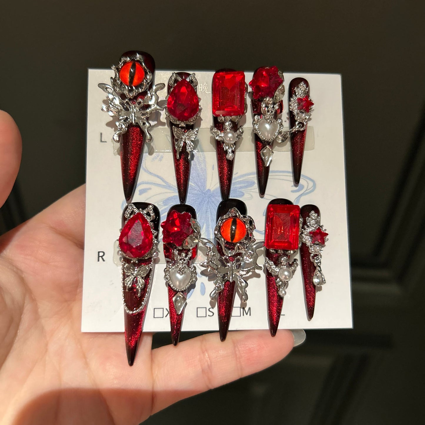 Hell's Eye Rhinestone Press-On Nails - Handmade Extra-Long Stiletto Glam Nails