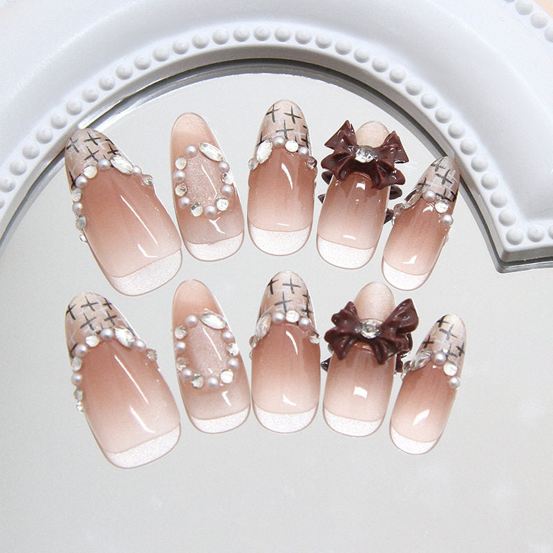 Chic Short Cat-Eye Bow Rhinestone Press-On Nails - 30-Piece Glue-On Set