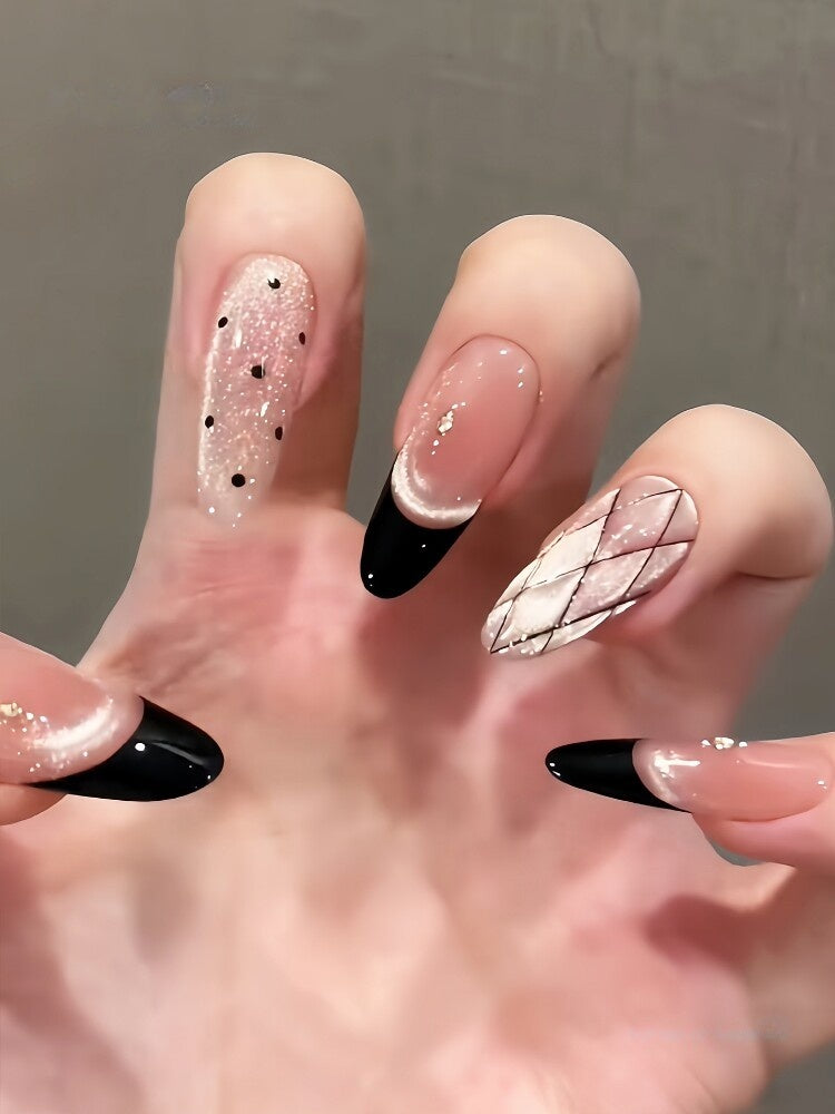 Vintage Black French Argyle Cat-Eye Press-On Nails - Dinner Luxe (5 Shapes)