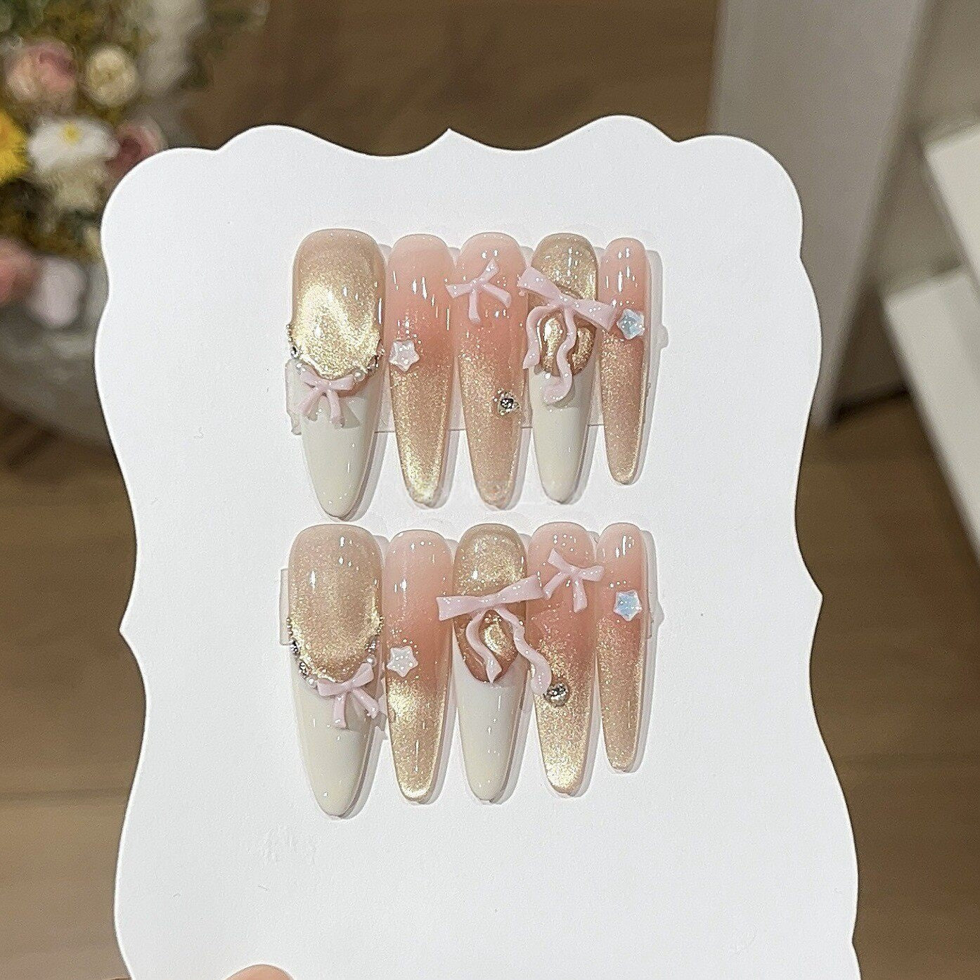Dreamy Pink Ombre Cat-Eye Press-On Nails with Bow Charm