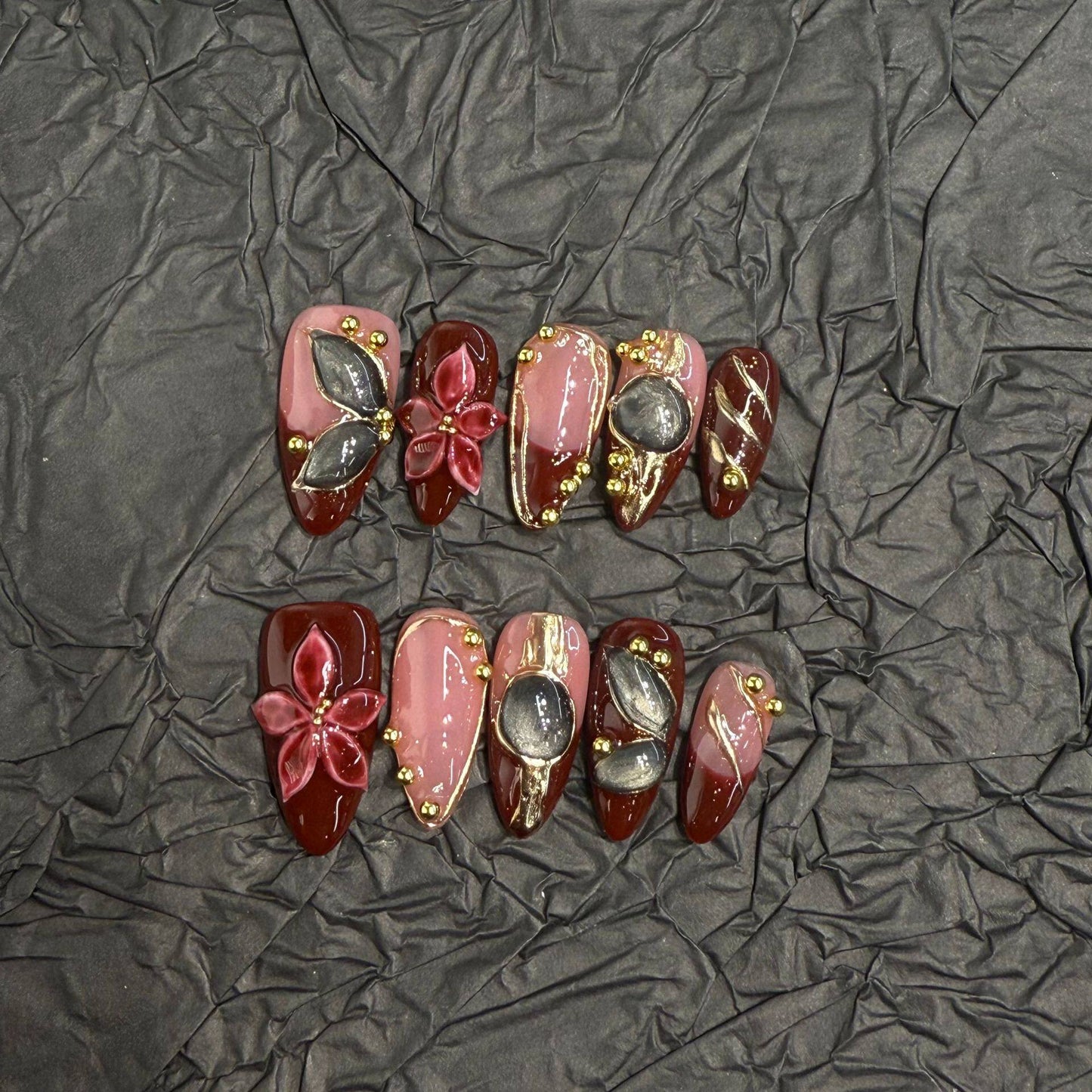 3D Carved Baroque Press-On Nails — Vintage Burgundy Flower Reusable Fake Nails