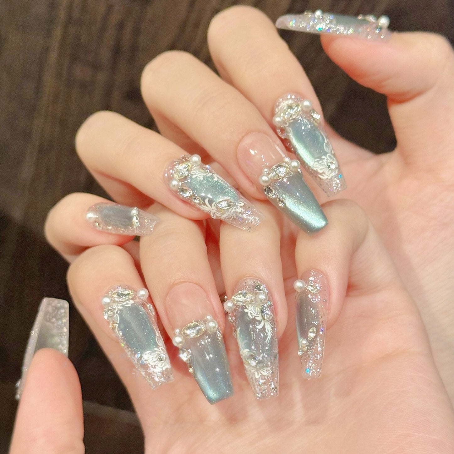 Baroque Blue Cat-Eye Press-On Nails - Elegant Handmade False Nails (24 Designs)