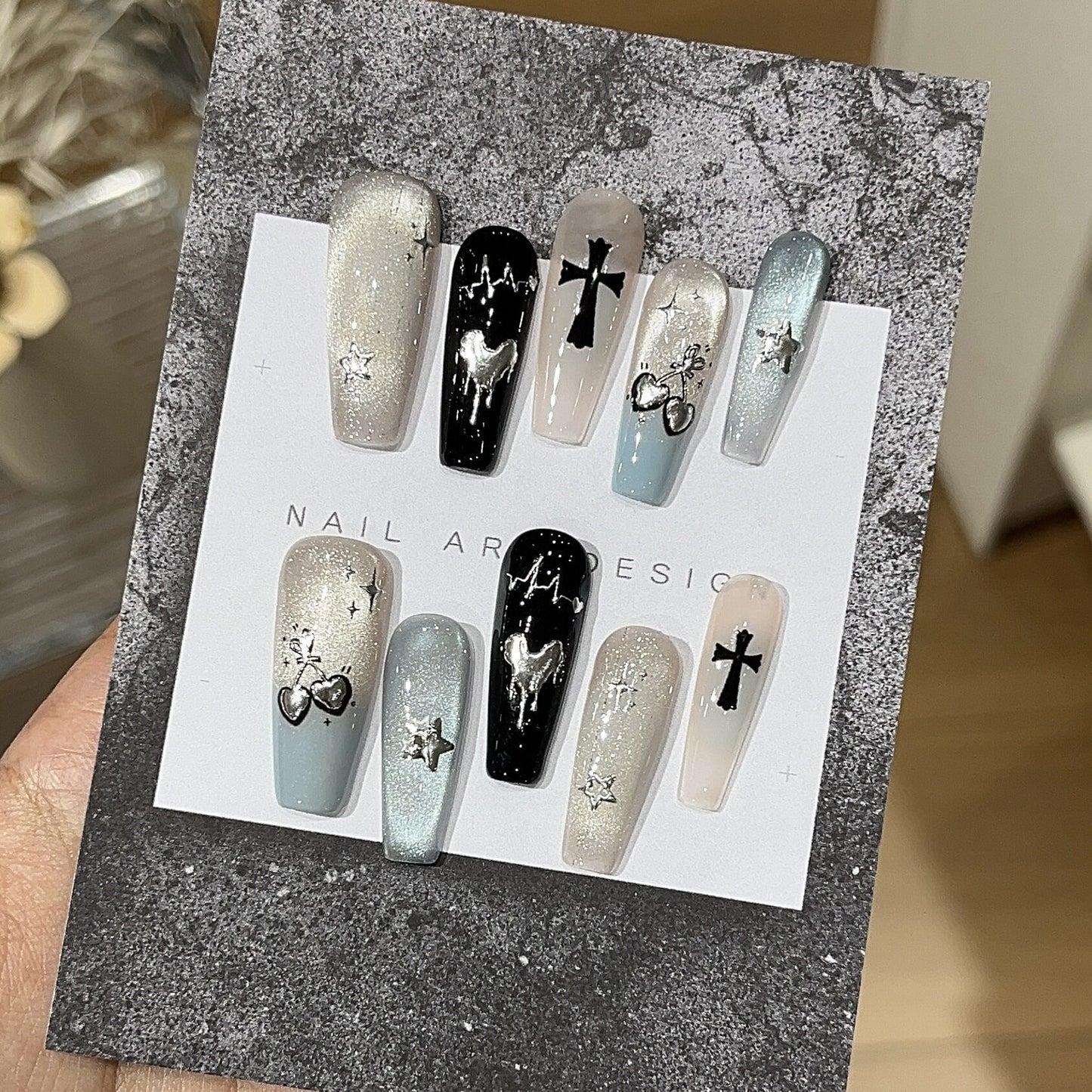 Mint Whisper Y2K Gothic Cat-Eye Press-On Nails — Silver Hearts & Crosses