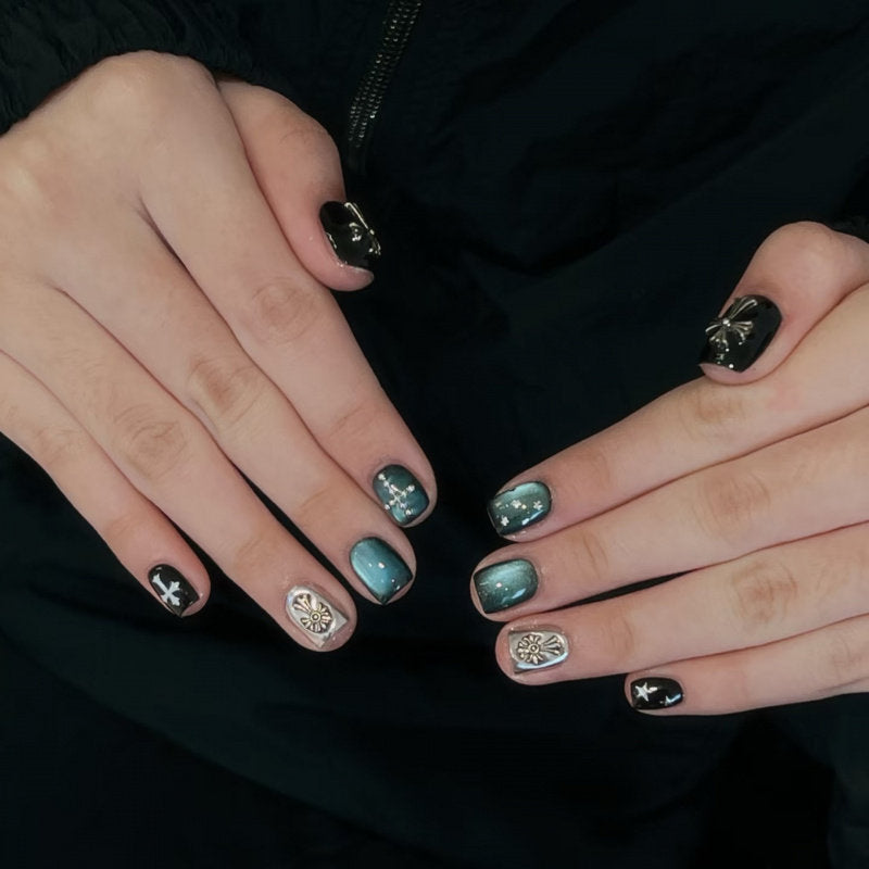 Midnight Blue Gothic Cross Cat-Eye Press-On Nails - New Short Square False Nails