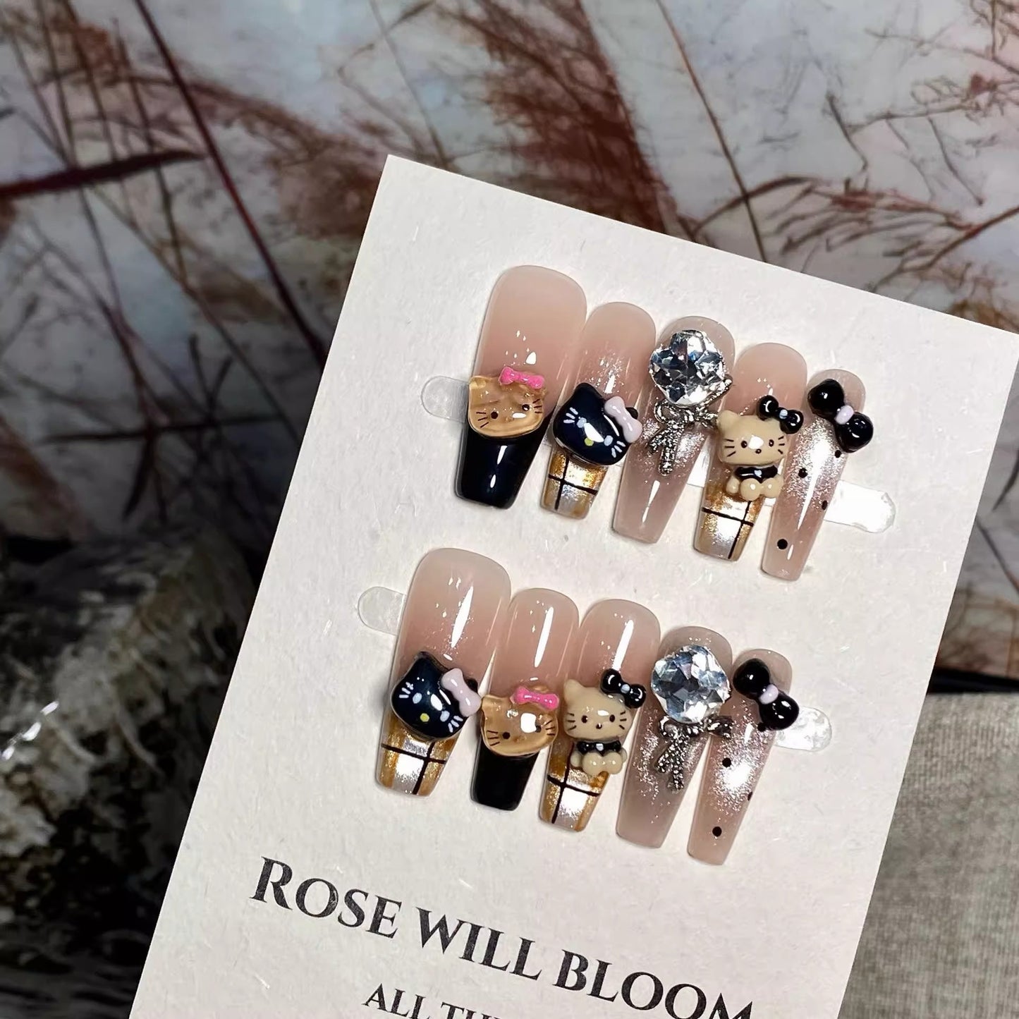 Black & Brown Plaid Cat-Eye Press-On Nails