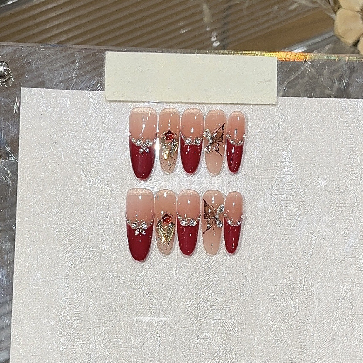 Dark Red Butterfly | Red French Rhinestone Press-On Nails