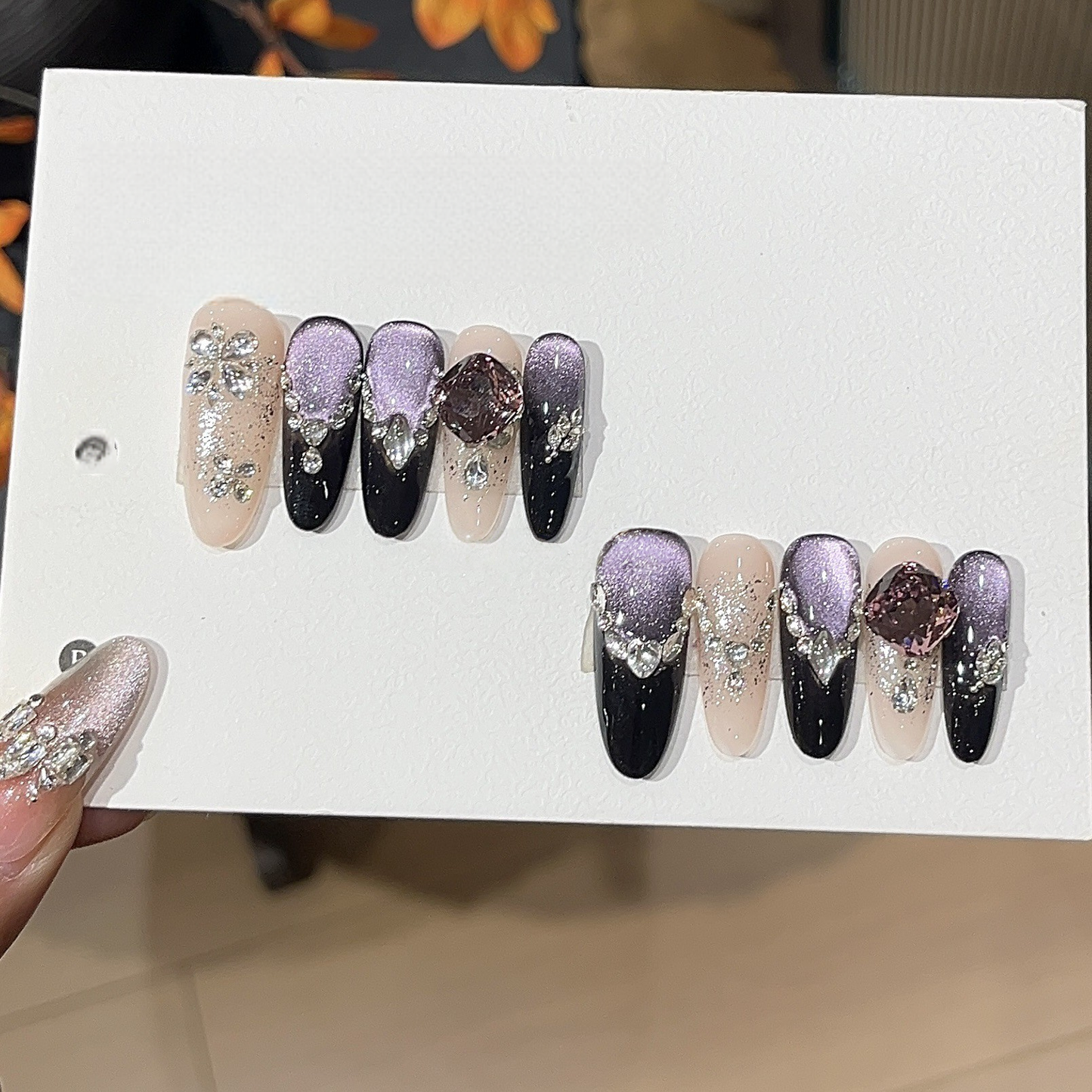 Violet Cat-Eye Long Press-On Nails | Handmade Stacked Gems