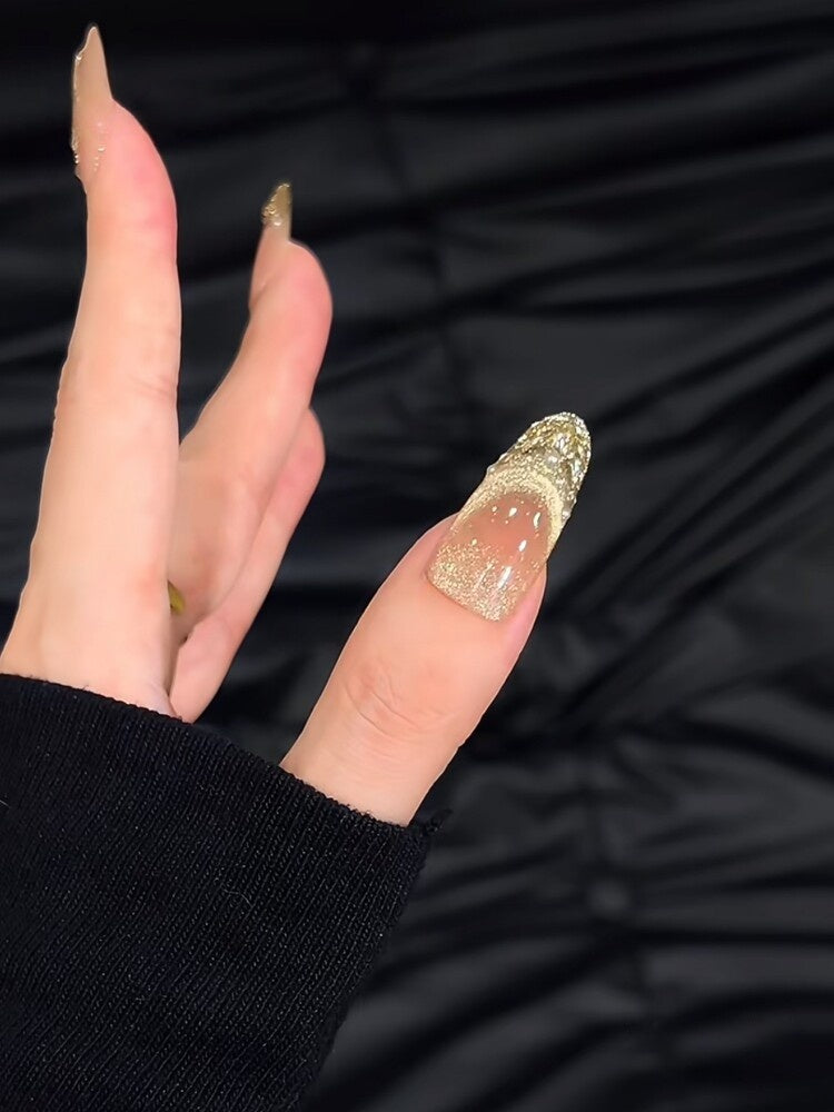 Champagne Gold Glitter French Cat-Eye Press-On Nails - Reusable Bridal False Nails (4 Shapes)