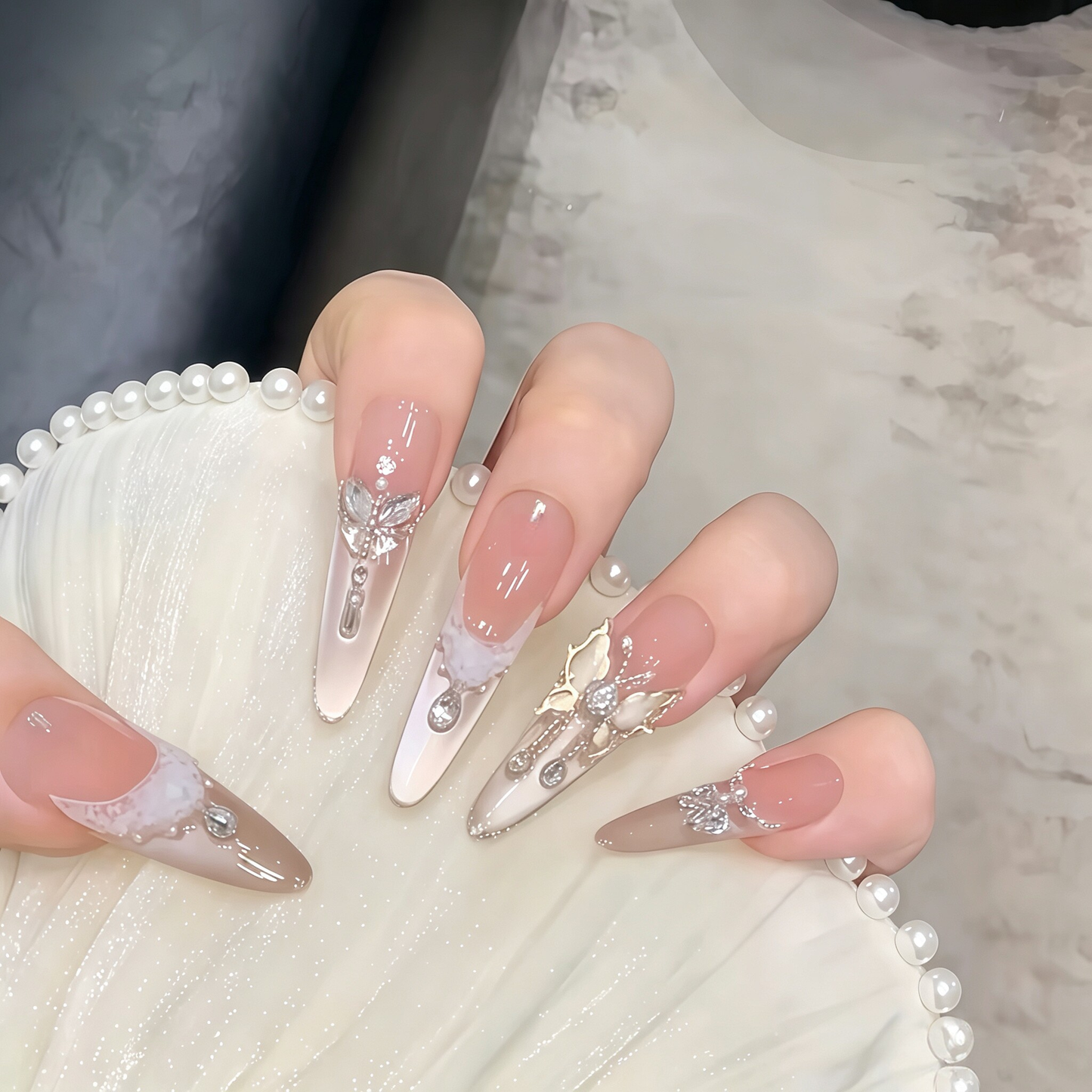 Moonlight Waltz | French Lace Cat-Eye Butterfly Press-On Nails