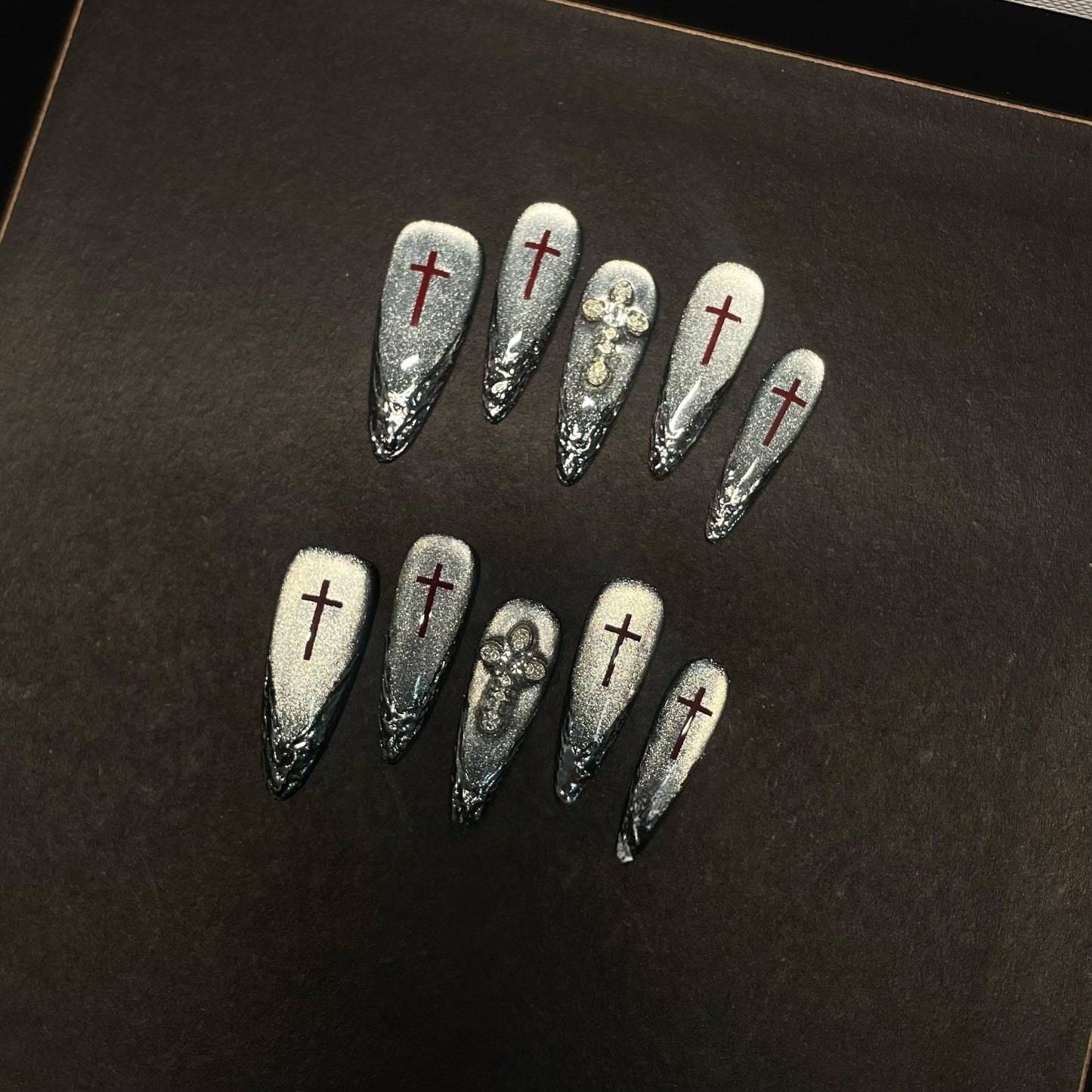 Silver Moon Cross Press-On Nails — Dark Cat-Eye Gothic Stiletto & Almond Fake Nails