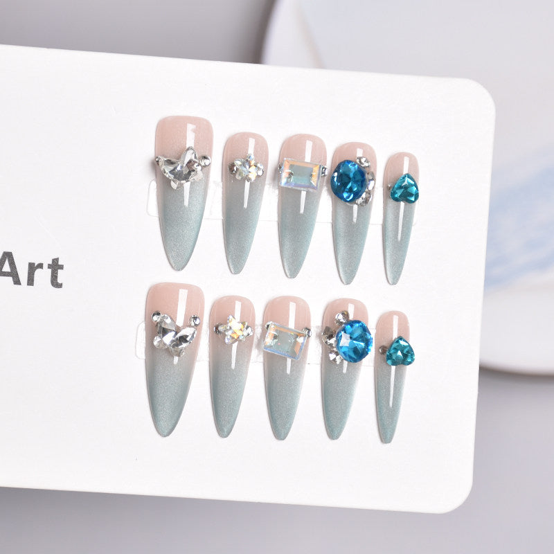 Blue Rhinestone Press-On Nails — Luxury Long Almond Fake Nails (SG861)