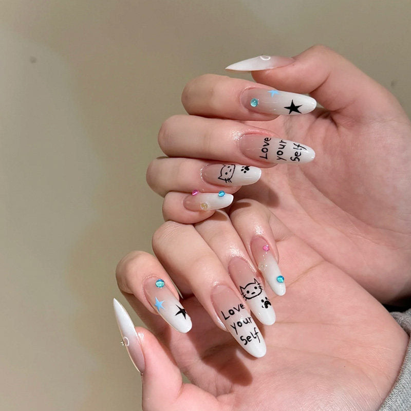 Twinkle Cat Press-On Nails — Milky Ombre Doodle Cat Long Almond Fake Nails