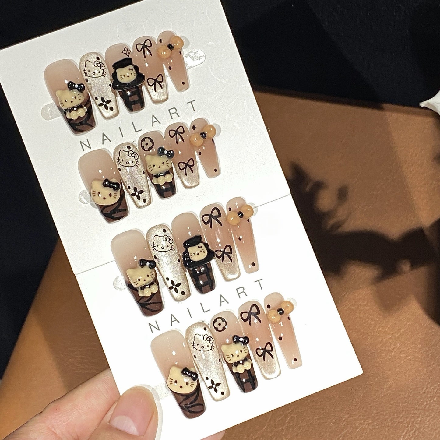 Caramel Kitty Mocha Cat-Eye Press-On Nails — 3D Bows