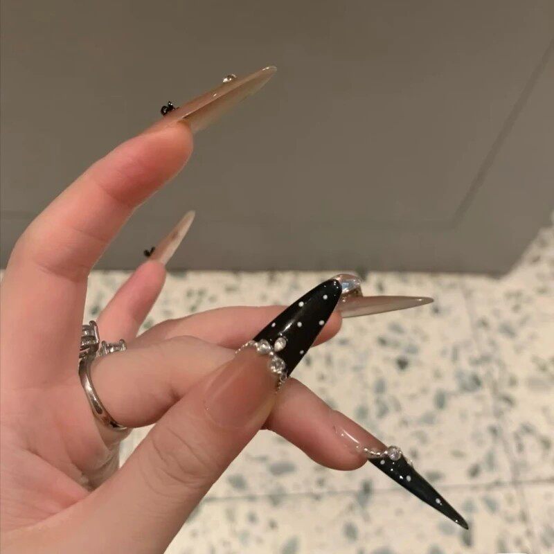 Handmade French Polka-Dot Bow Press-On Nails - Glitter Cat-Eye Rhinestone Long Stiletto