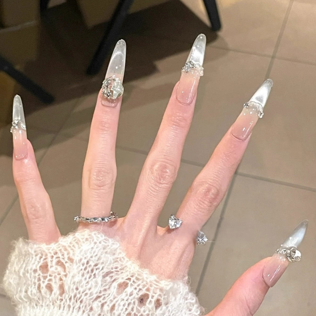 Snowmelt Silver Cat-Eye Crystal Press-On Nails — Icy French