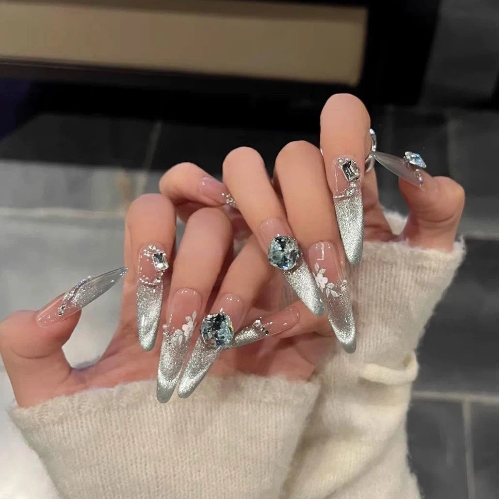 Green Cat-Eye Floral Press-On Nails