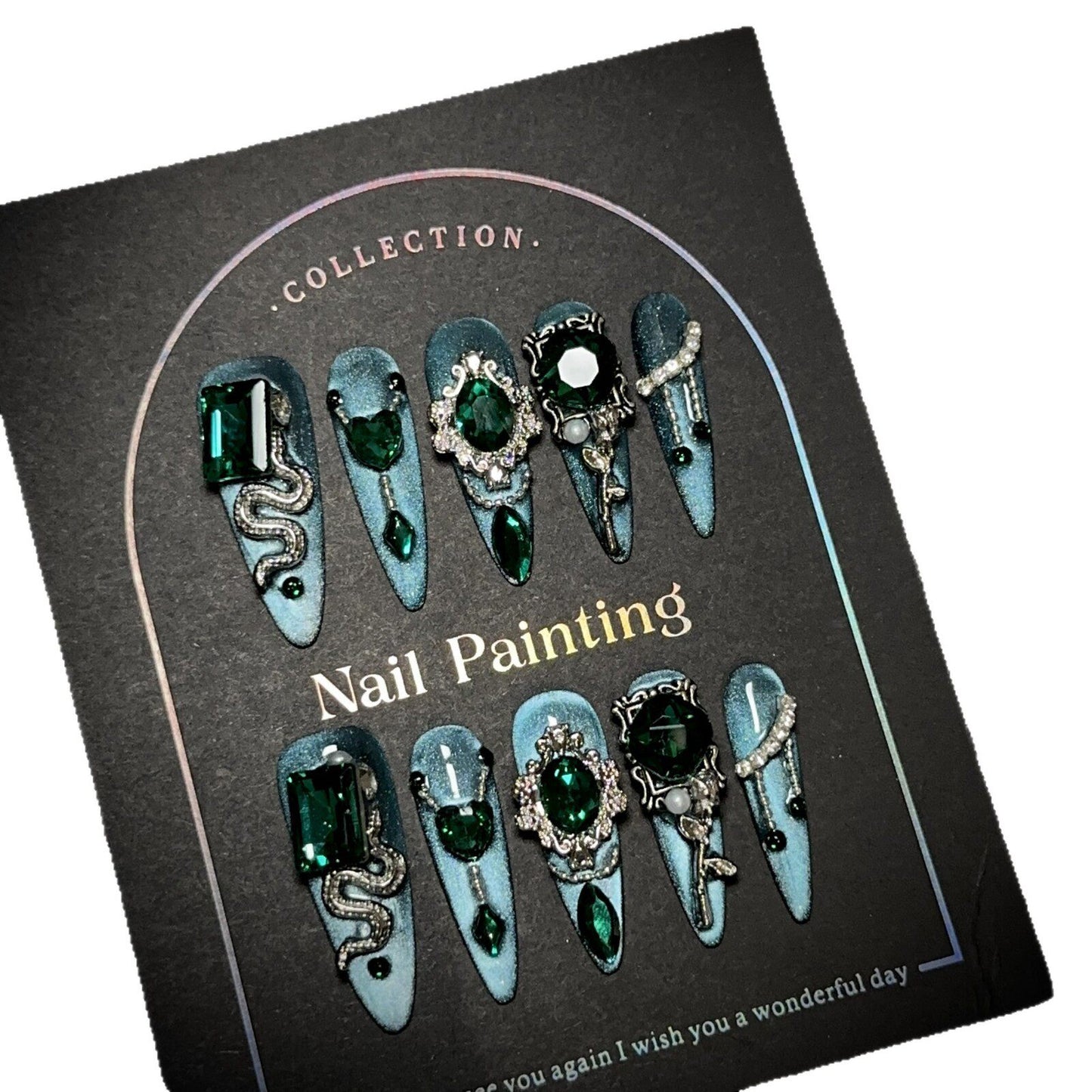 Medusa Green Press-On Nails — Emerald Cat-Eye Snake Chain Long Stiletto Fake Nails