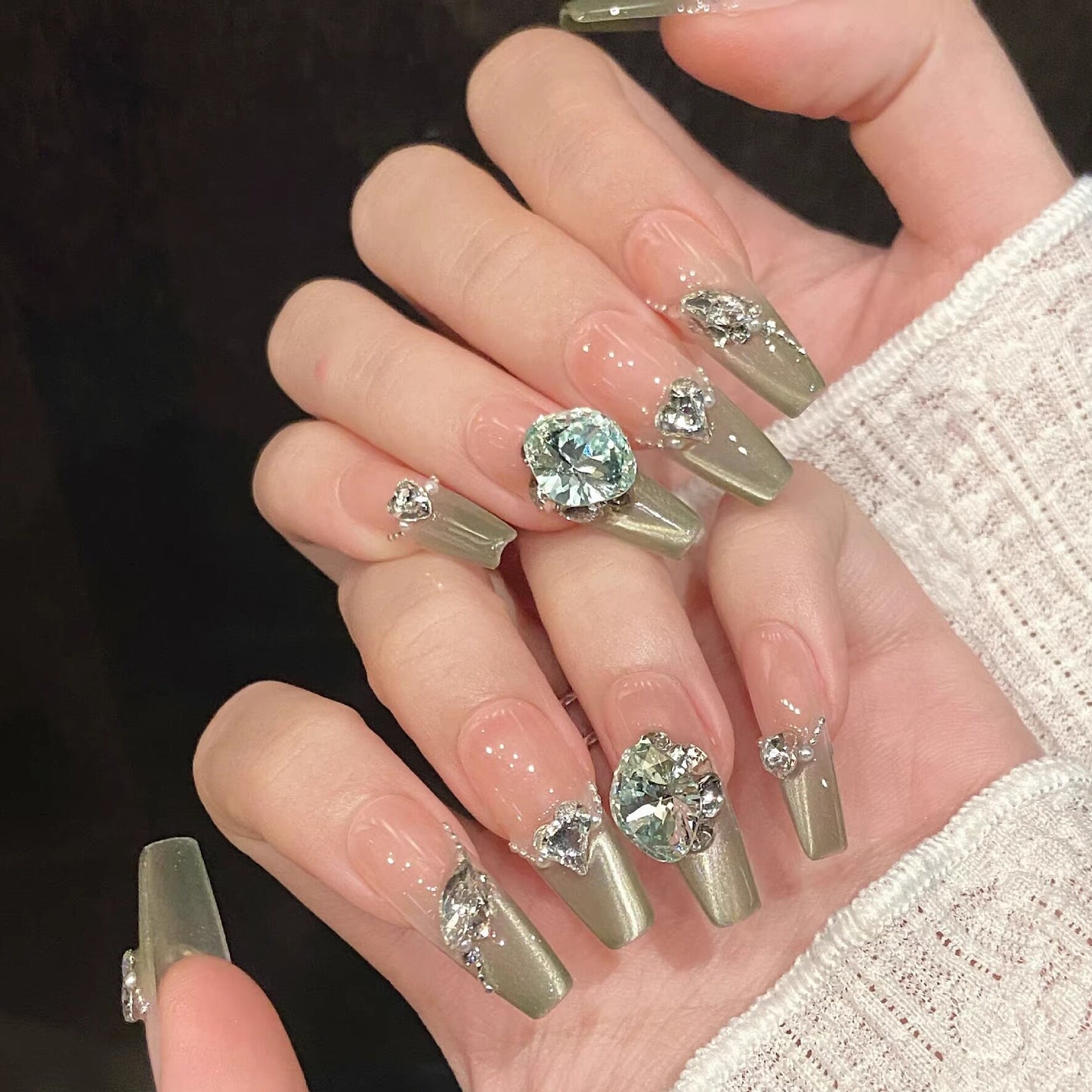 Olive Green & Mint Cat-Eye Press-On Nails