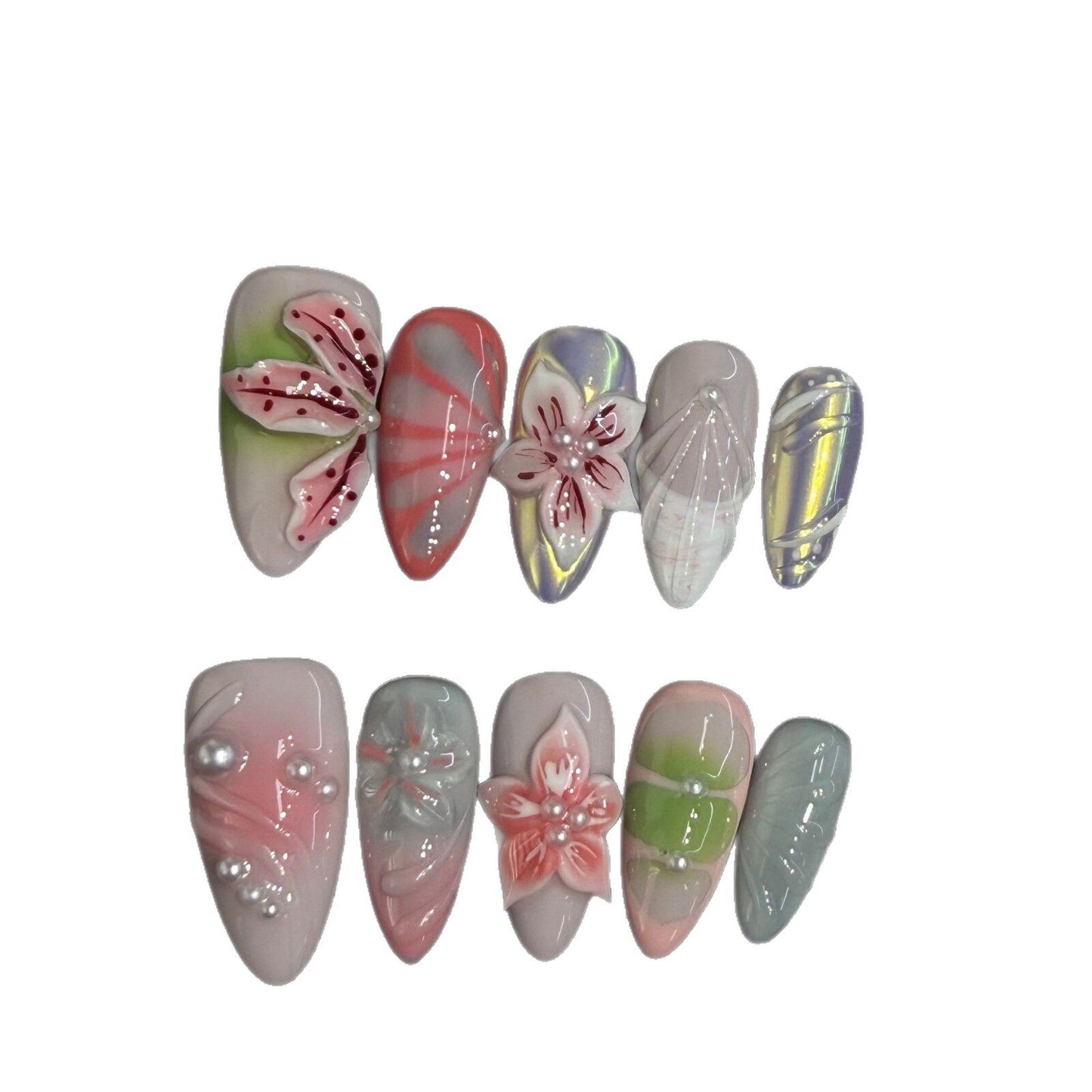 Carved 3D Floral Press-On Nails — Sweet-Edgy Pastel Aurora Reusable Set