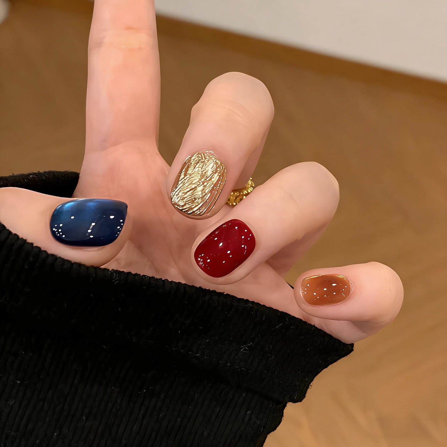 Red Blue Cat-Eye Chrome Press-On Nails - Short Color-Block Party False Nails
