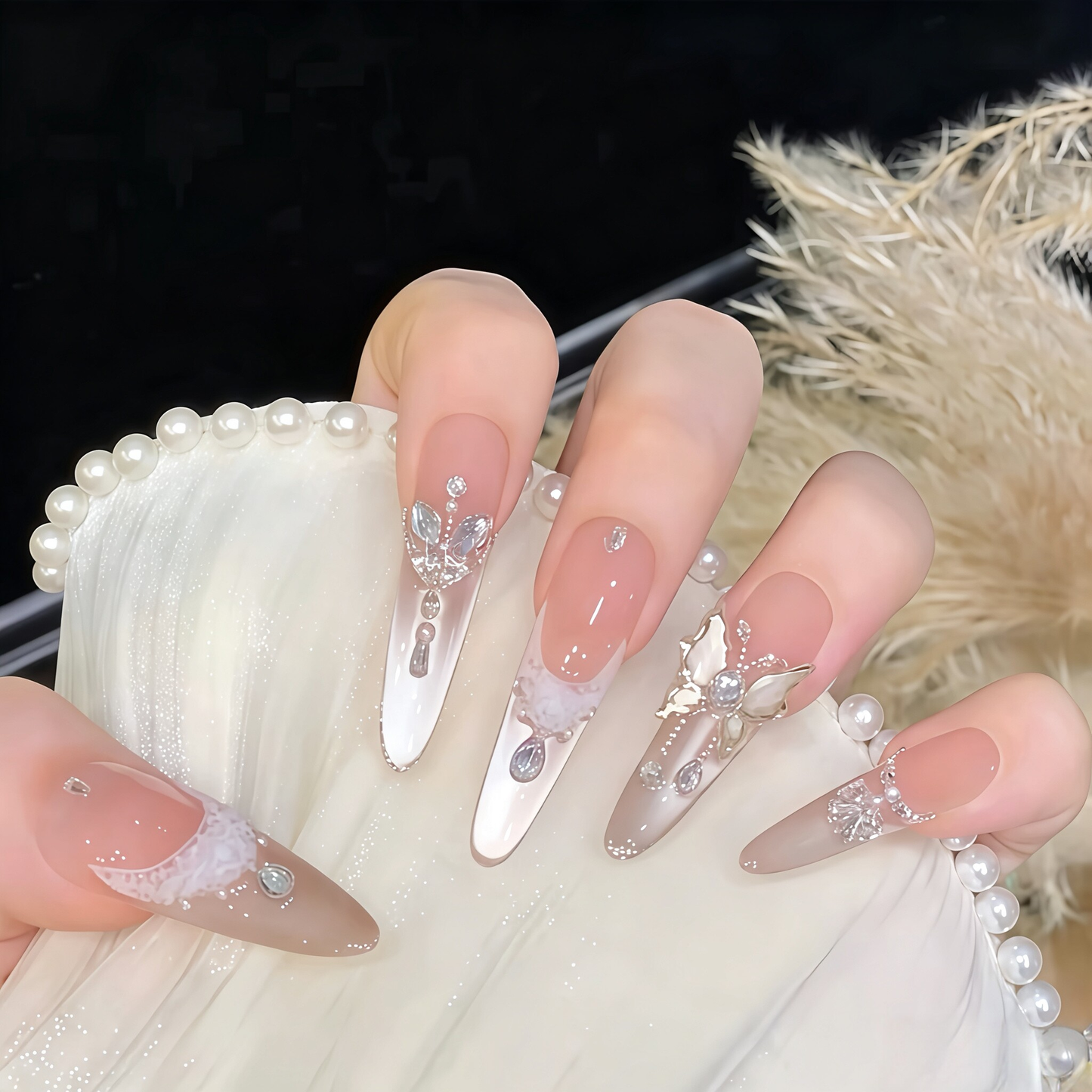 Moonlight Waltz | French Lace Cat-Eye Butterfly Press-On Nails