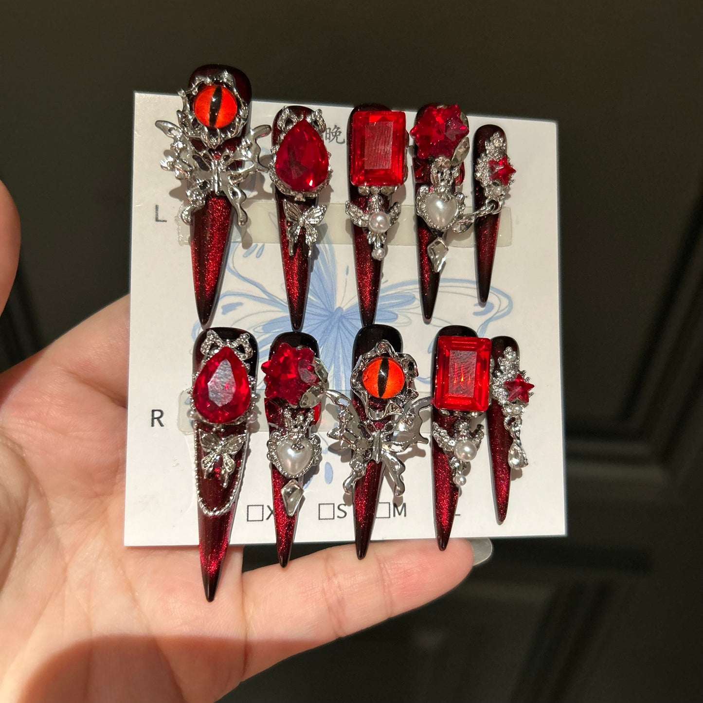 Hell's Eye Rhinestone Press-On Nails - Handmade Extra-Long Stiletto Glam Nails