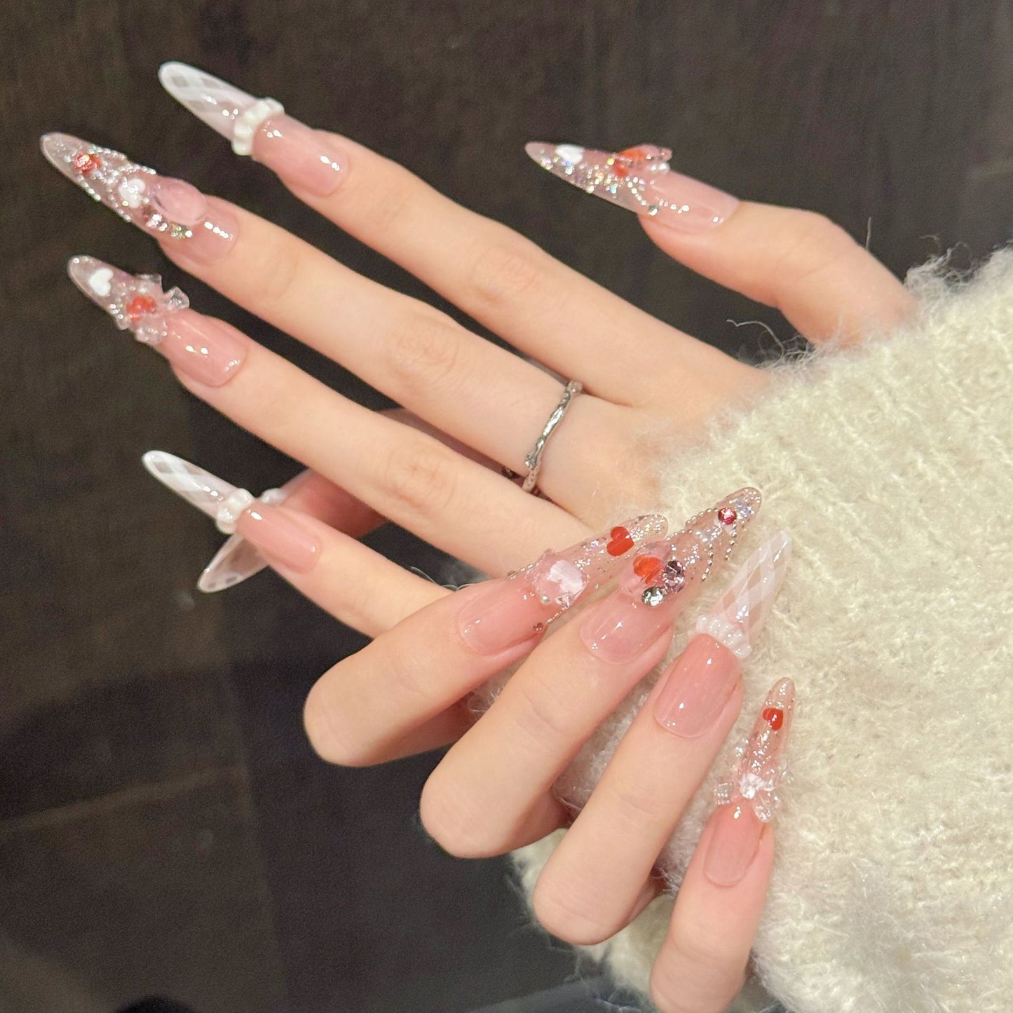 Margaret Creamy Ribbon Bow Press-On Nails | Handmade
