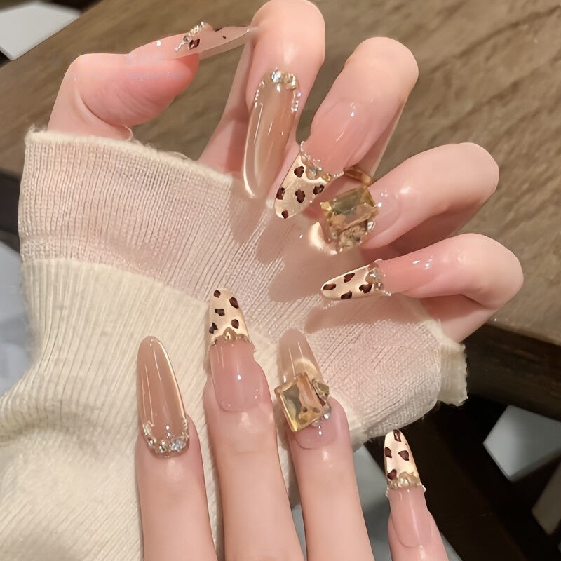 Leopard Rhinestone French Gold Cat-Eye Press-On Nails - Luxe Reusable Handmade False Nails (3 Lengths)
