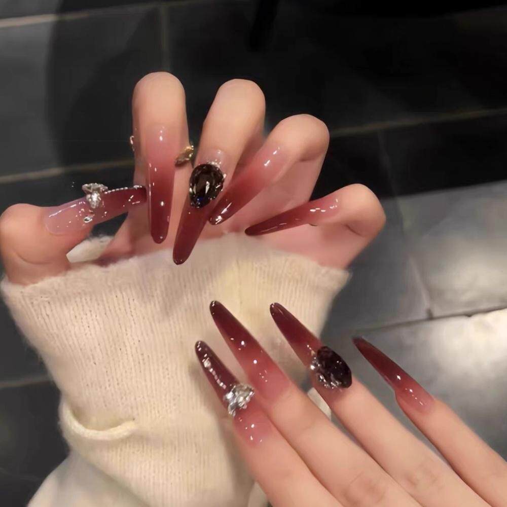 Cherry Red Ombre Rhinestone Press-On Nails — Handmade Long Stiletto & Coffin Fake Nails