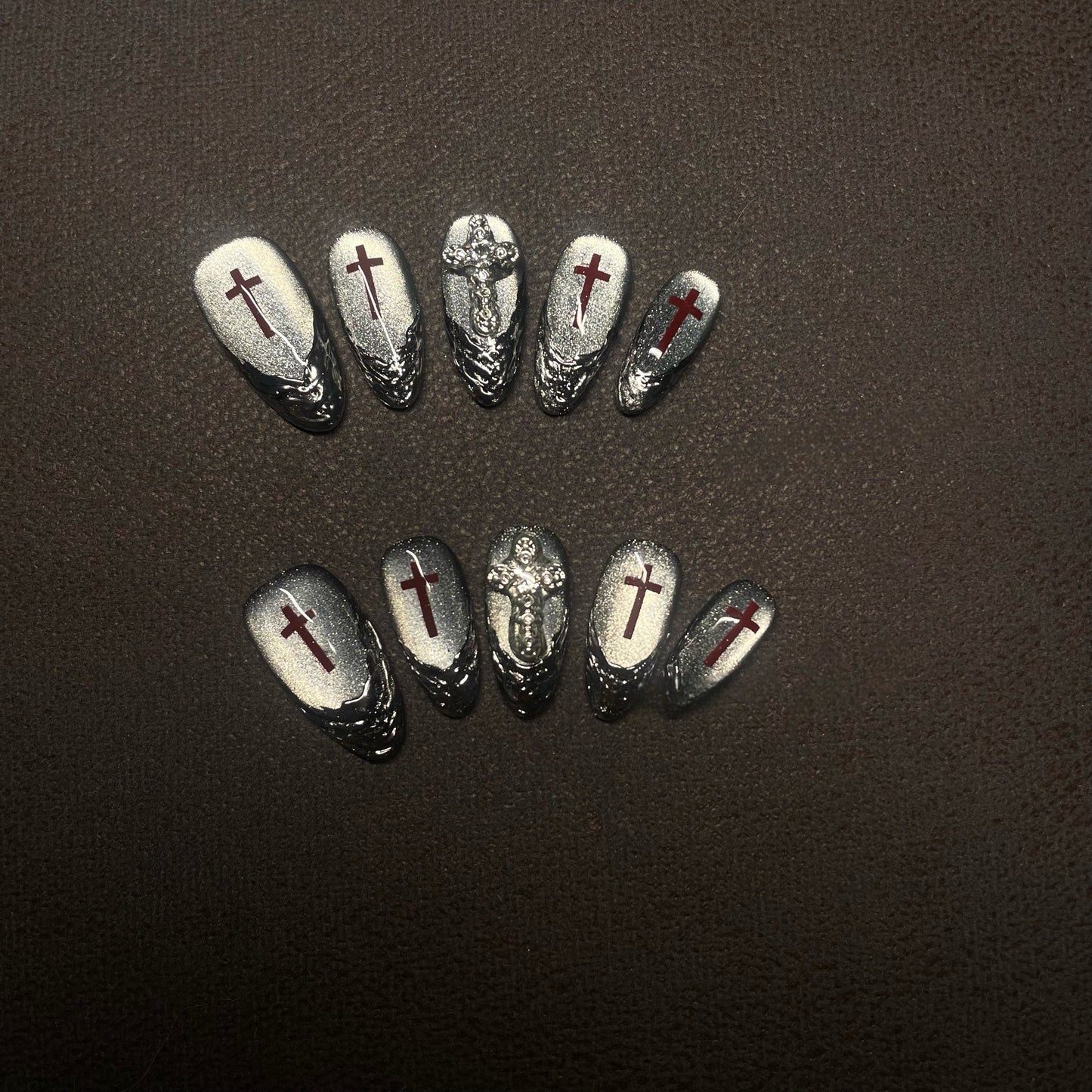 Silver Moon Cross Press-On Nails — Dark Cat-Eye Gothic Stiletto & Almond Fake Nails