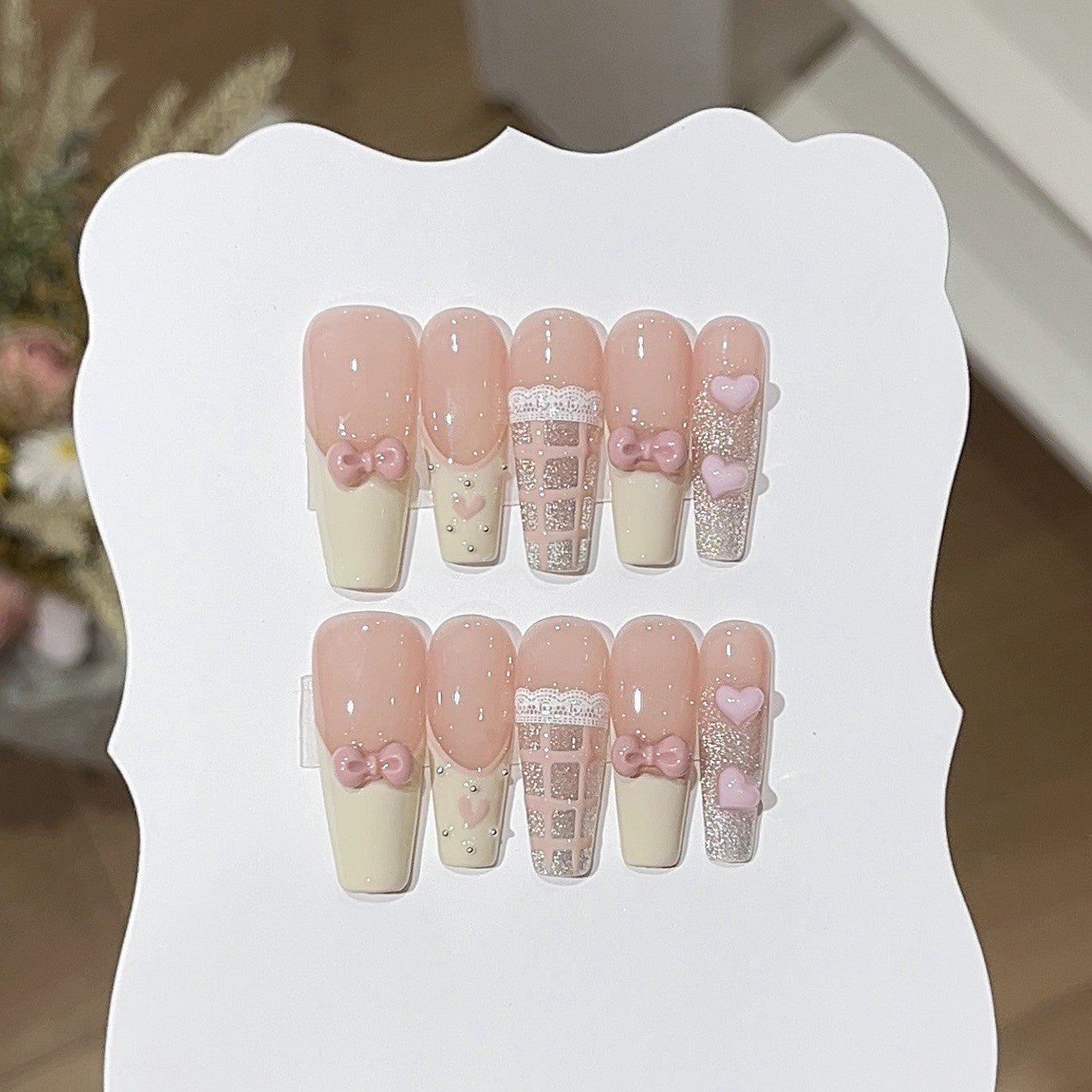 Ribbon Reverie Pink French Press-On Nails — 3D Bows & Lace