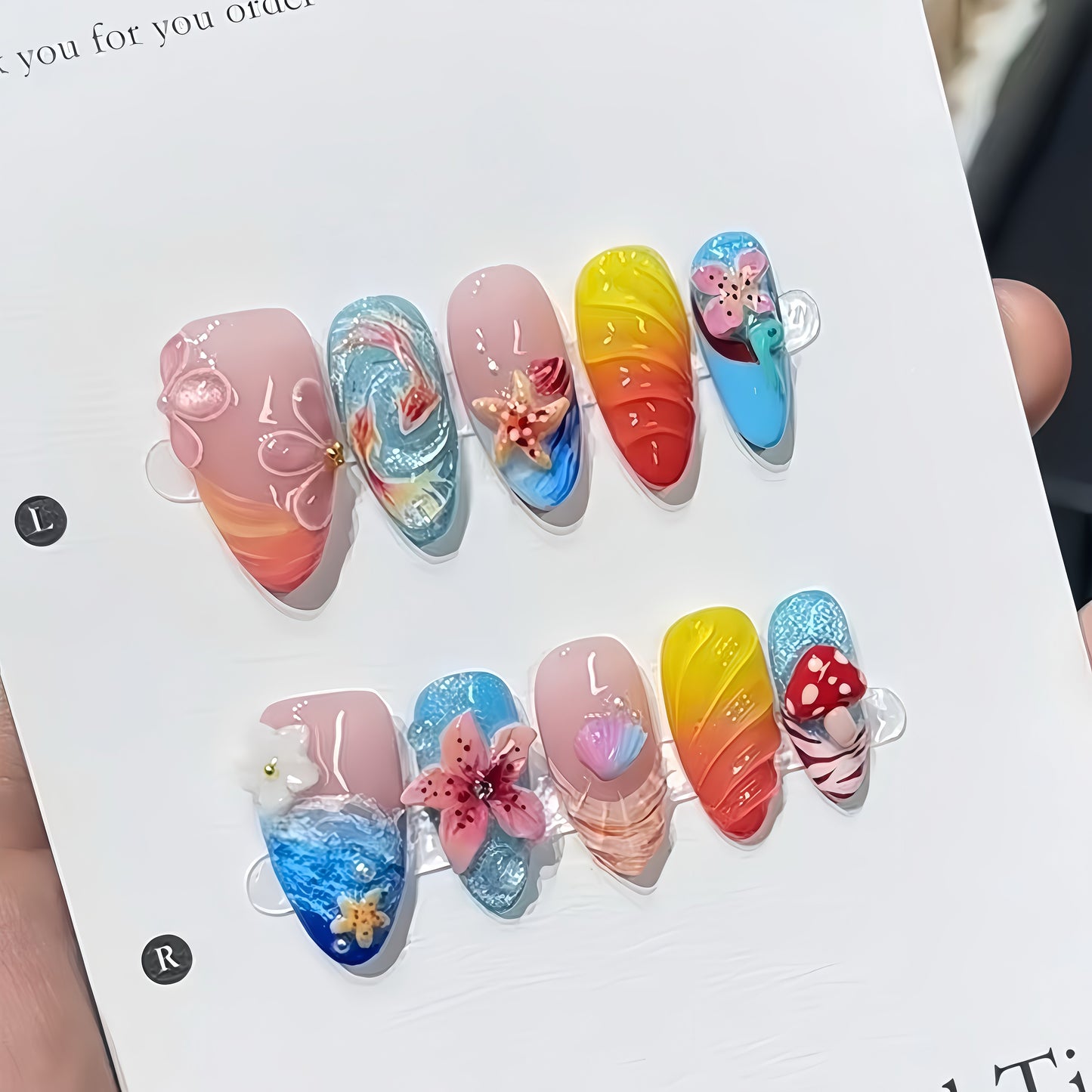 3D Ocean Koi Press-On Nails - Shell Starfish Mermaid Summer False Nails