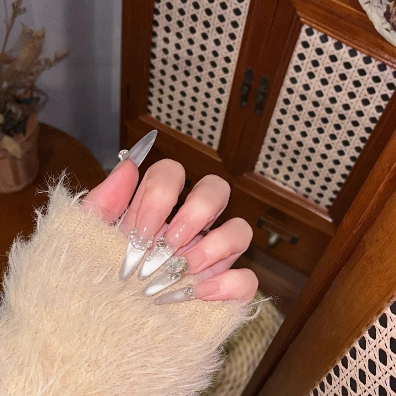 Snowmelt Silver Cat-Eye Crystal Press-On Nails — Icy French