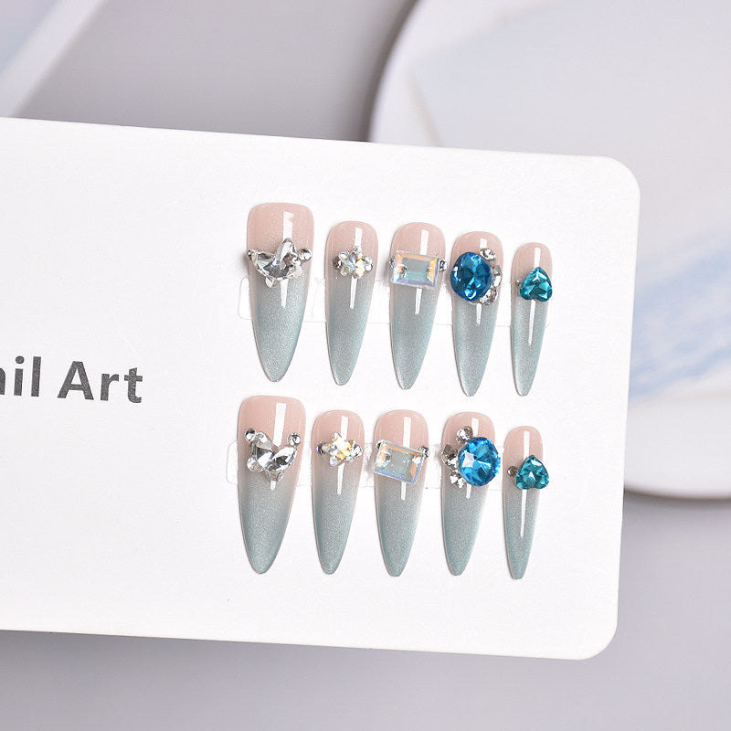 Blue Rhinestone Press-On Nails — Luxury Long Almond Fake Nails (SG861)