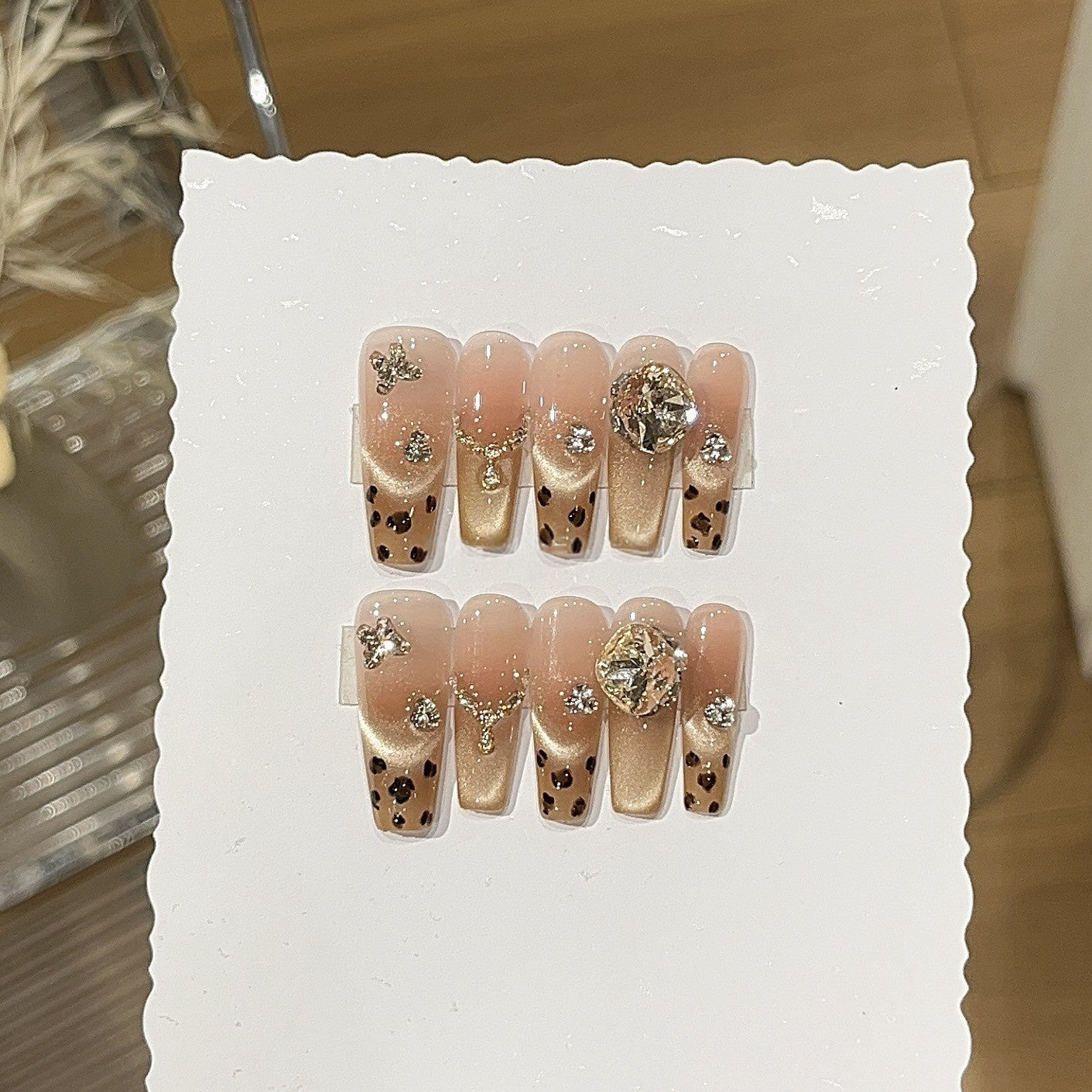 Caramel Safari Leopard Cat-Eye Crystal Press-On Nails — Champagne Glam