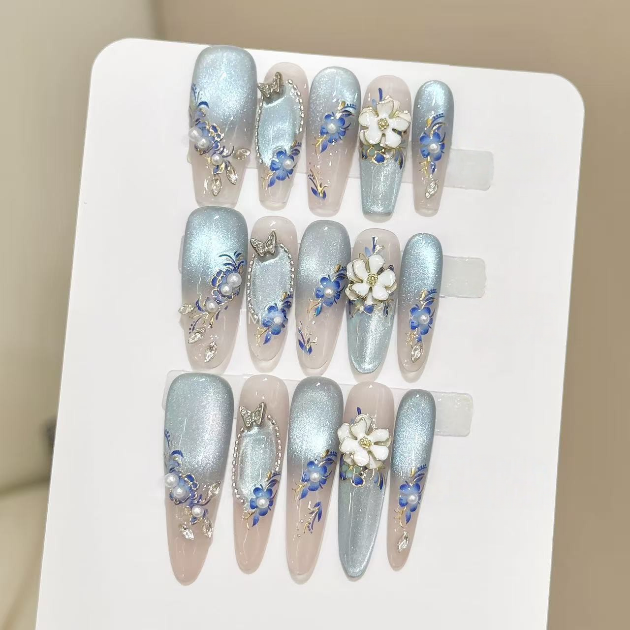 White Porcelain Blue Floral | Gilded Press-On Nails