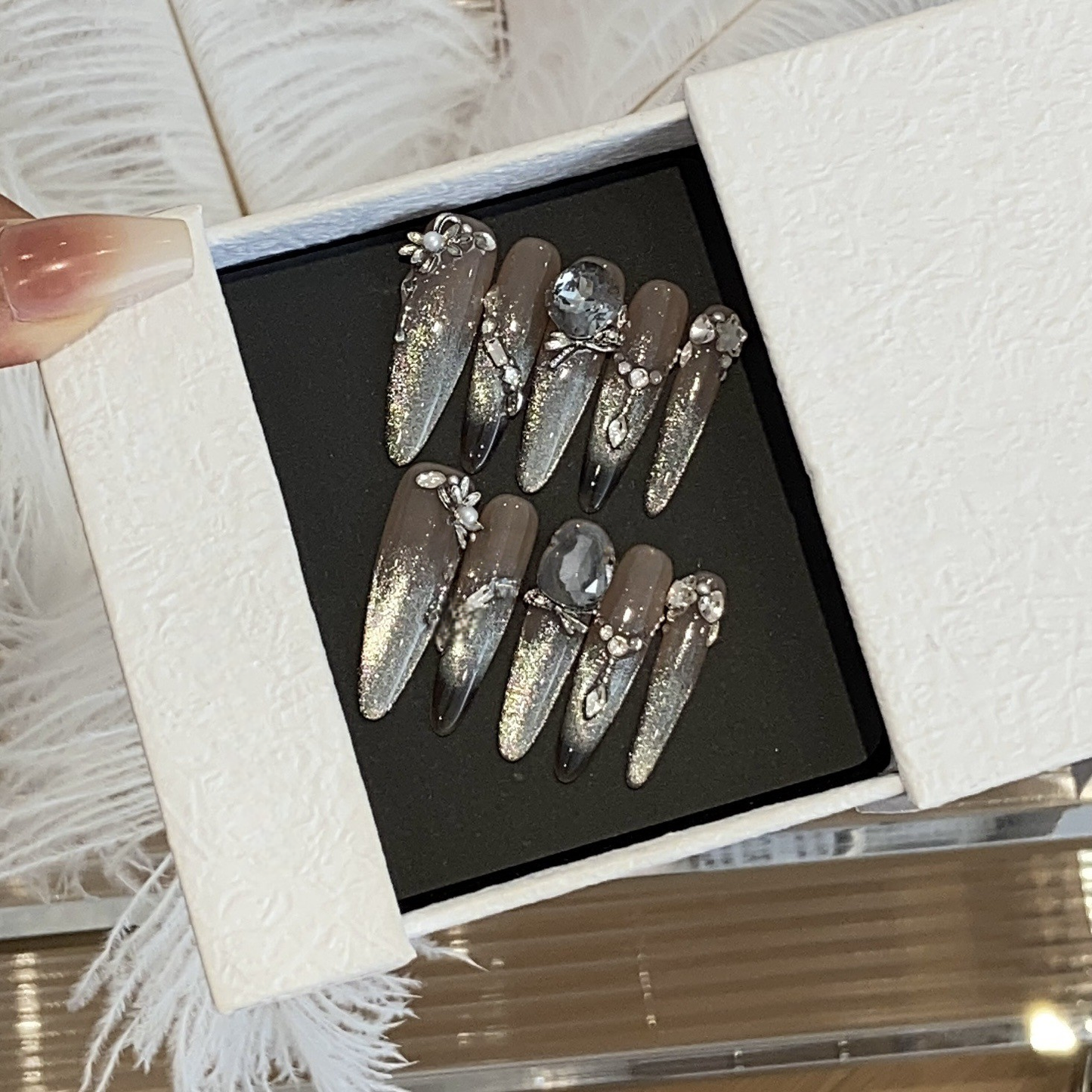 Midnight Ice | Cat-Eye Rhinestone Press-On Nails