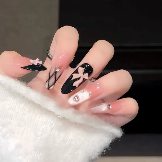 Black French Bow Cat-Eye Press-On Nails - Rhinestone Coquette Handmade
