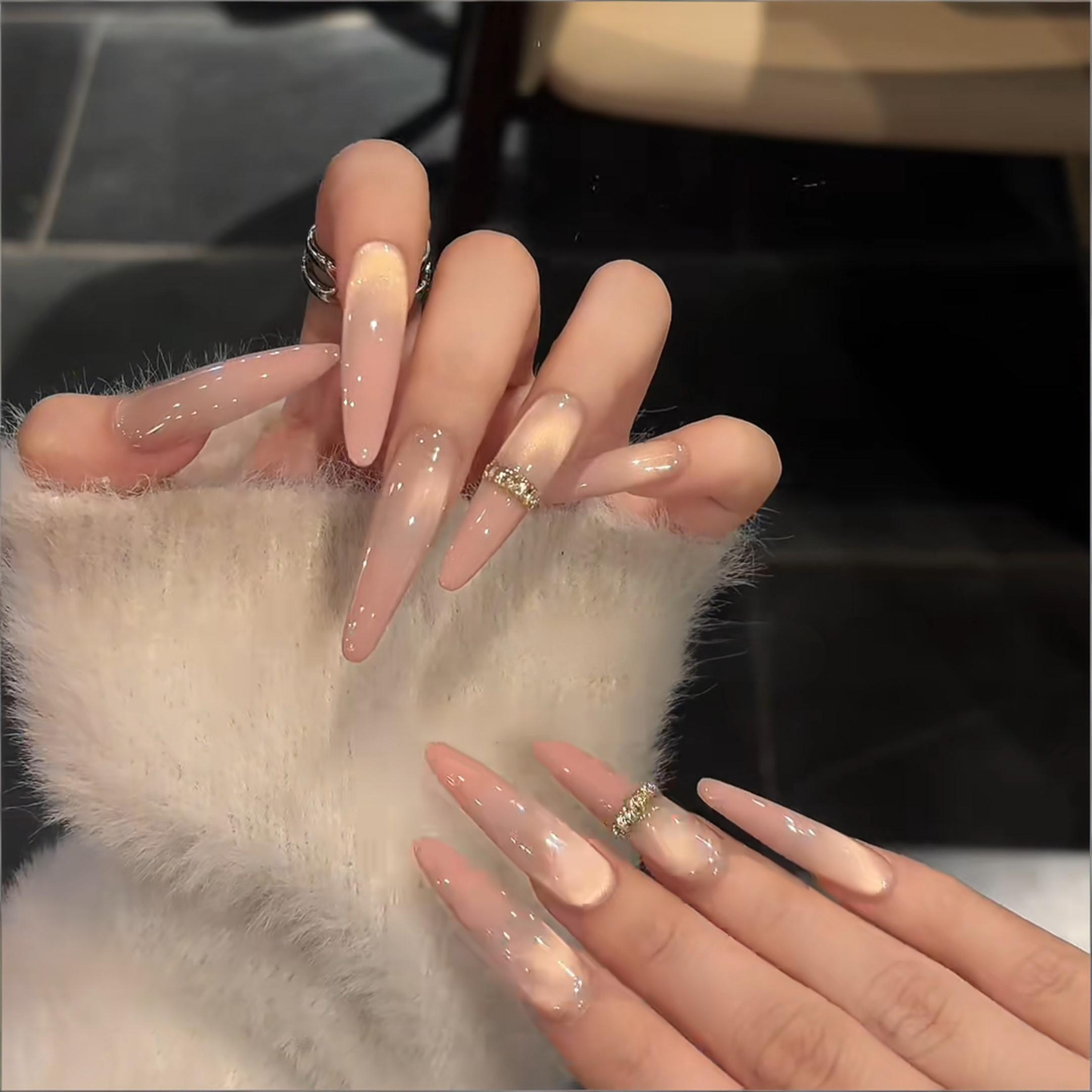 Peachy Glow Pink-Gold Cat-Eye Press-On Nails | Handmade